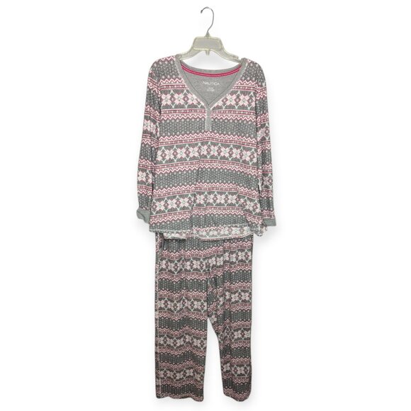Nautica Other - Nautica Winter Themed Red White Gray Women Fleece Pajamas 2 Piece Set Size XXL